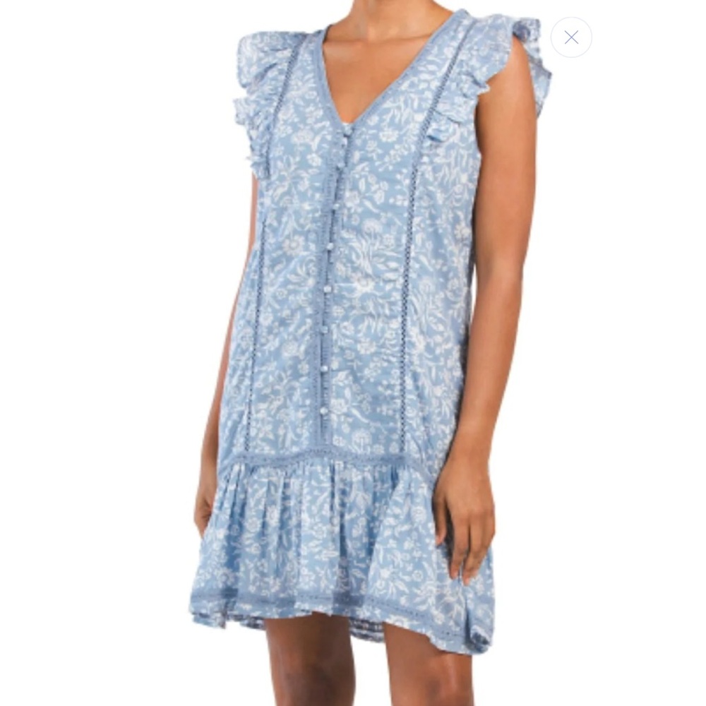 Lucky Brandy Blue&White Delicate Floral Print Ruffled& Embroidered Dress